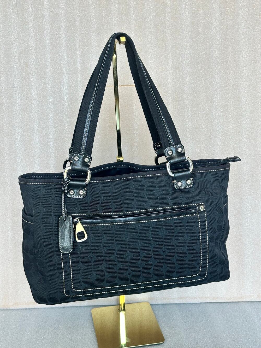 Fossil Black Signature Jacquard Tote Shoulder Bag Leather Trim Key Charm